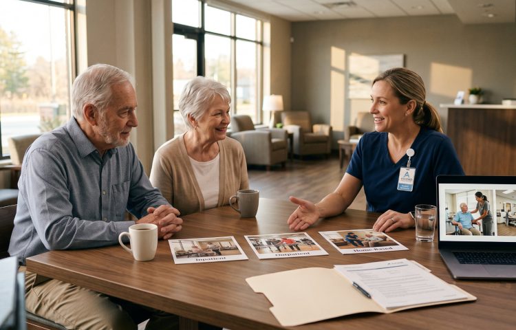 Healthcare professional and two seniors discuss photos at a round table in a lobby setting with a laptop showing patient images on screen