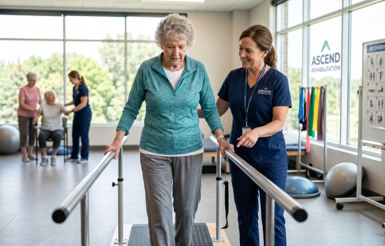 A photorealistic composite scene of a modern rehabilitation clinic, set against a background view of a park and pond through a large window. In the center, a friendly male therapist in a blue polo shirt (labeled Ascend Rehabilitation) stands beside an older woman in a grey shirt, watching her as she carefully cuts red bell peppers on a wooden cutting board with a large knife, practicing a practical daily life task. On a nearby desk, a progress chart with an upward trend is visible. In the background, another therapist and a senior man are interacting at a table (likely speech therapy), with a 'Progress Chart' and wall plaque for 'ASCEND REHABILITATION - (Fictional)' on the wall. A bottom-right inset image shows essential recovery paperwork: a 'MEDICARE Part B' card, a clipboard with a 'SUPPLEMENTAL INSURANCE FORM', and other insurance documents, linking the clinic's physical activity to the coverage options discussed in the preceding infographic.